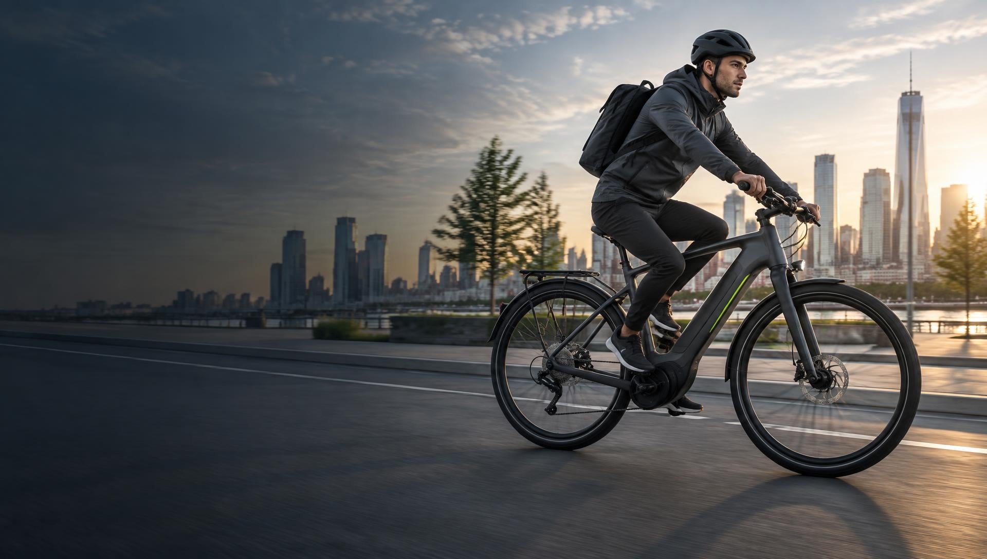 Electric cyclist riding through a modern city